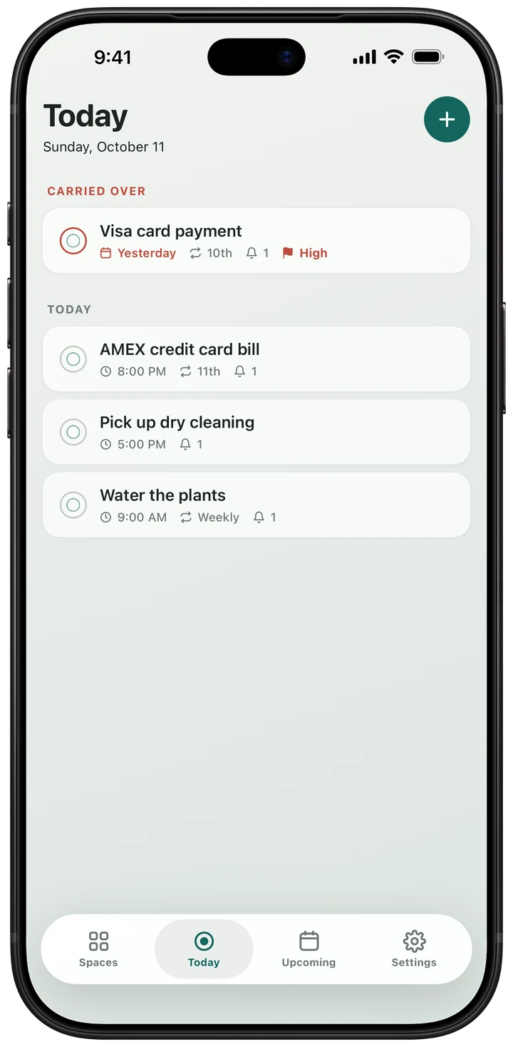 The CueSpace Today screen: a Visa card payment carried over from yesterday, marked in red and flagged High, above today's AMEX credit card bill, dry cleaning pickup and plant watering