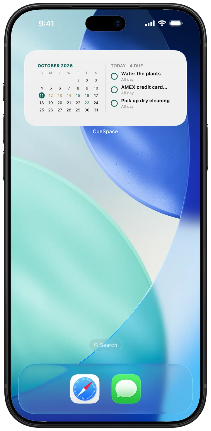 An iPhone Home Screen with the CueSpace widget: an October calendar beside today's tasks — Water the plants, AMEX credit card bill and Pick up dry cleaning