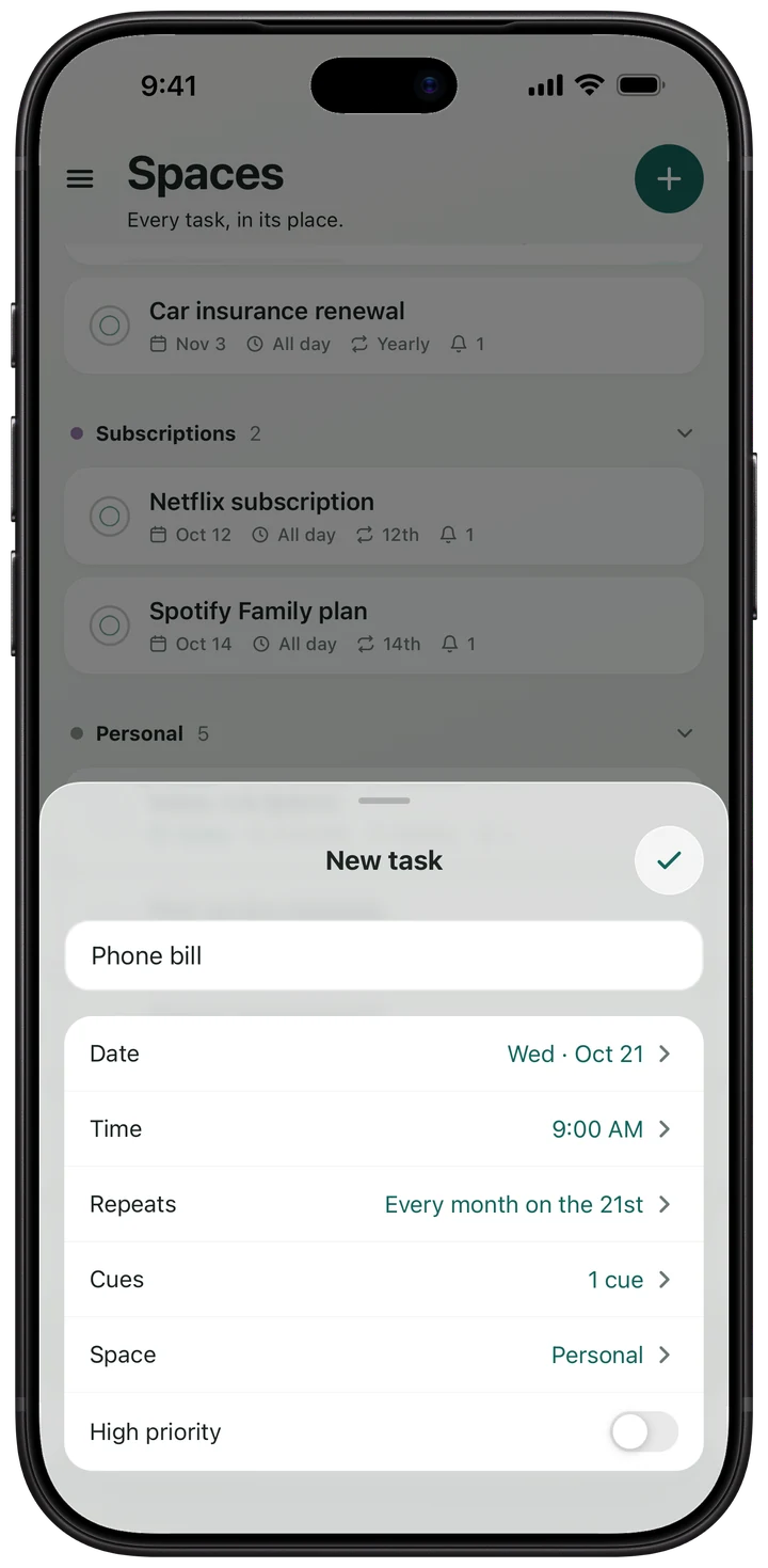 The CueSpace New task sheet: Phone bill, on Wednesday October 21 at 9:00 AM, repeating every month on the 21st, with one cue, in the Personal space