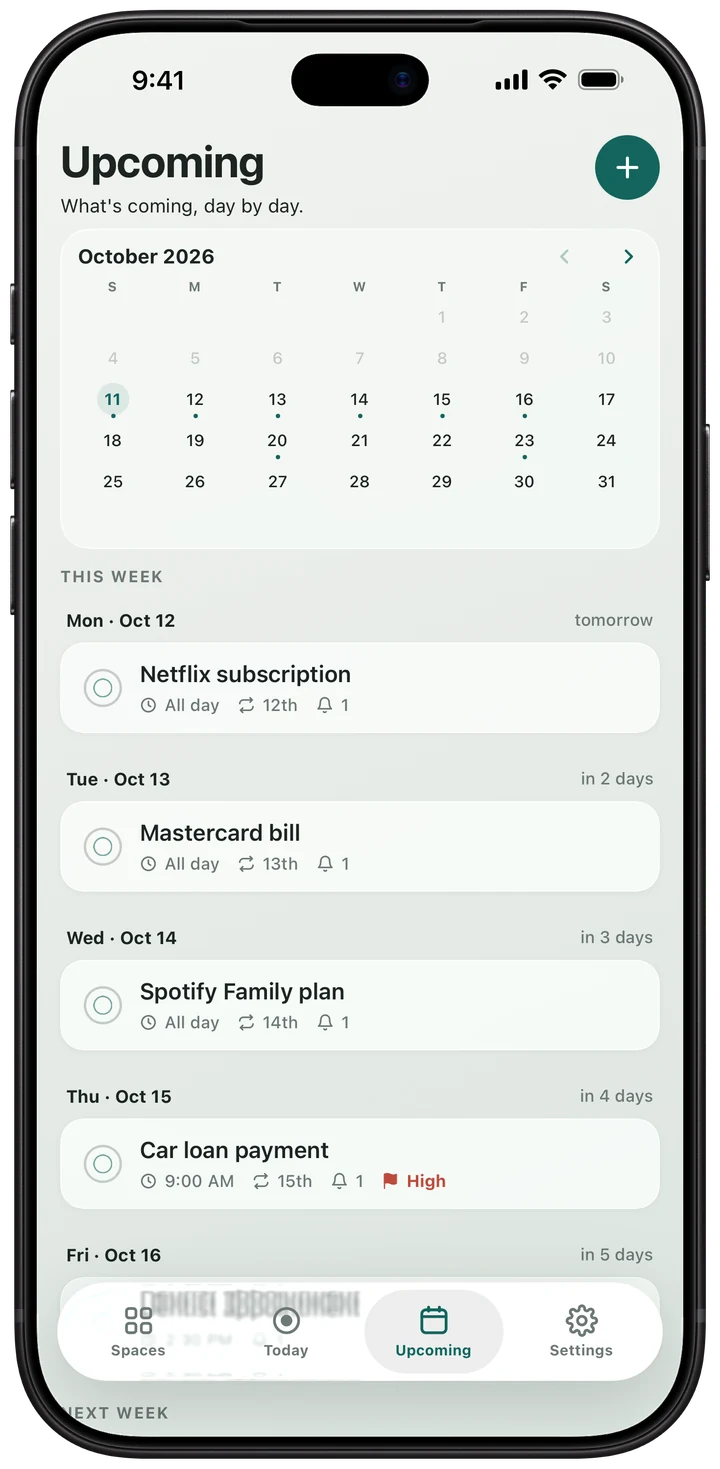 The CueSpace Upcoming screen: an October calendar with dots on the days that have cues, above this week's list — Netflix subscription, Mastercard bill, Spotify Family plan, and a car loan payment flagged High