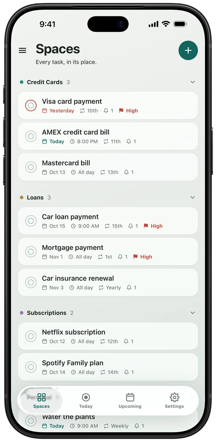 The CueSpace Spaces screen: colour-coded Credit Cards, Loans and Subscriptions spaces, each listing its cues — Visa, AMEX and Mastercard bills, car loan and mortgage payments, Netflix and Spotify